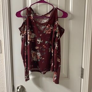 Red long sleeve flower shirt with open shoulders